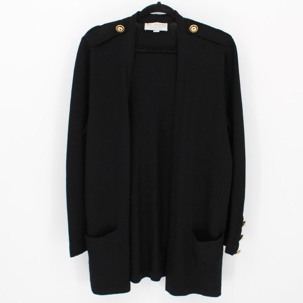 St John Large $895 Black Santana Knit Open Front‎ Blazer Gold Buttons Made USA